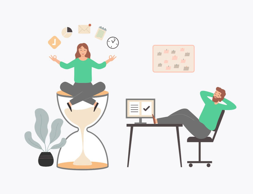 Illustration of a relaxed business owner and a virtual assistant managing time and tasks efficiently, symbolizing productivity and time-saving support.